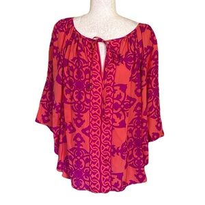 Alice & Trixie Silk Orange & Purple Pink Floral Print Tie Neck Blouse - L